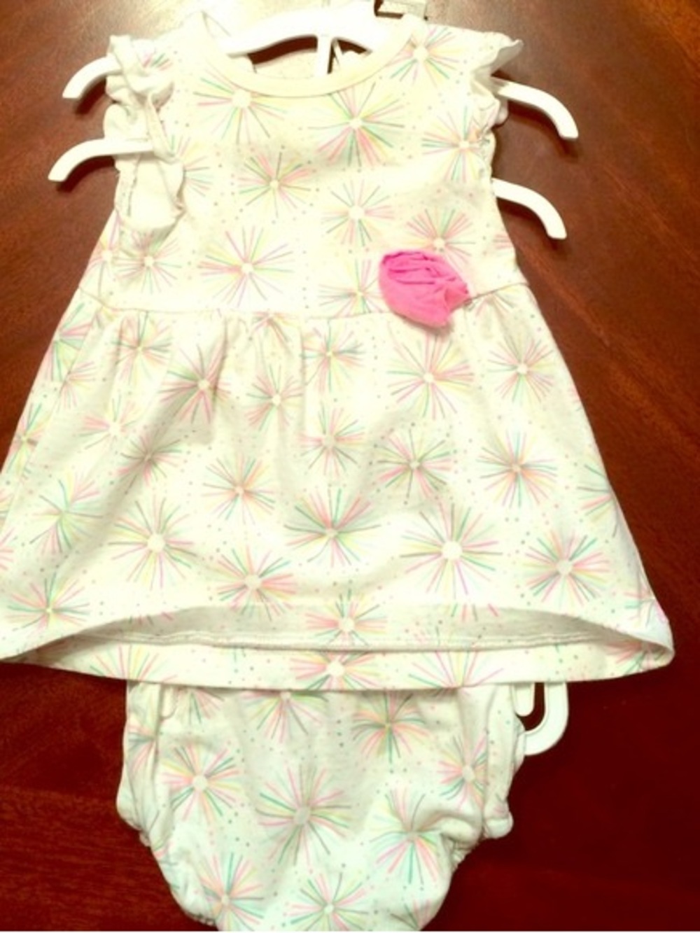 DeMellier White Dress with Pastel Starburst Print and Pink Rosette
